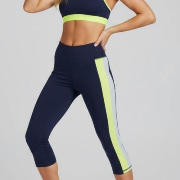 med Womens Athletic Pants Navy Blue Striped Leggings Fabletics Motion 365 - Picture 1 of 13